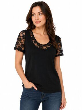 Pink Clover Floral Lace Short Sleeve Black Blouse Size XS NWT